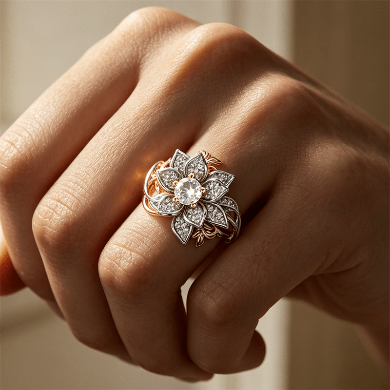 Women's Elegant Retro Inlay Zirconia Two-Tone Lotus Ring